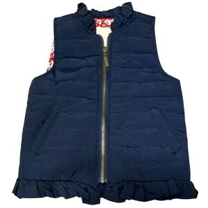 Copper Key Girls Navy Puffer Vest Floral Lining Ruffle Trim‎ Size 4/5